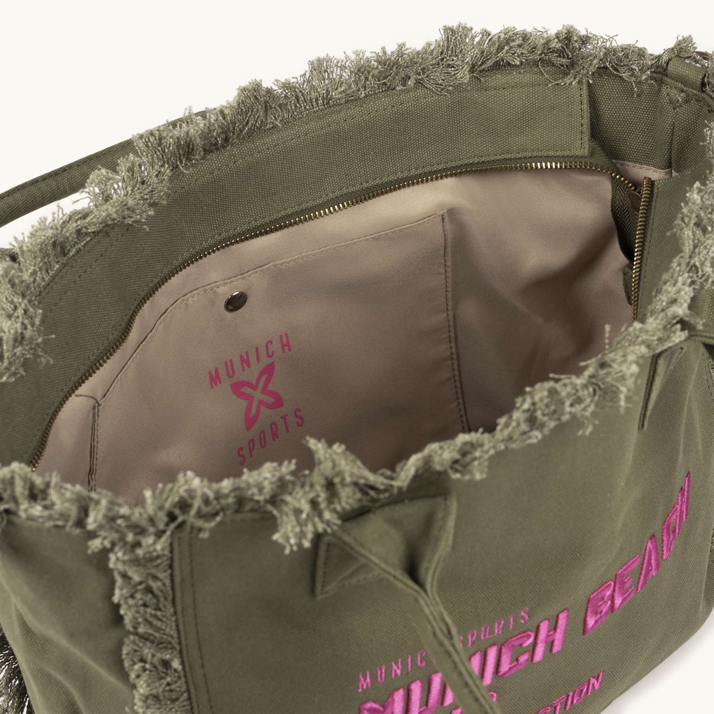 Bolso Shopper Caqui de Algodón Reciclado con Flecos y Bordado Rosa SCUBA KHAKI SHOPPER (5)
