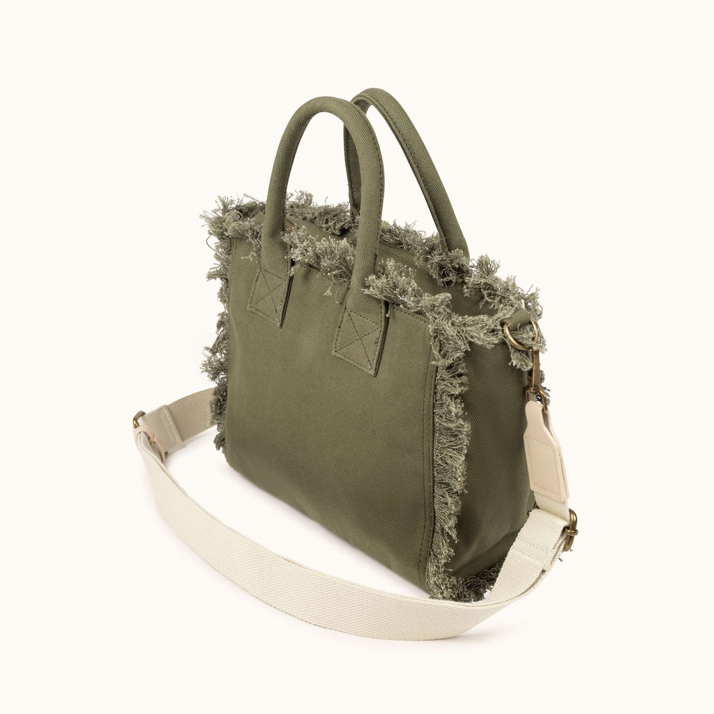 Bolso Bandolera Caqui de Algodón Reciclado con Flecos y Bordado Rosa SCUBA KHAKI CROSSBODY (3)