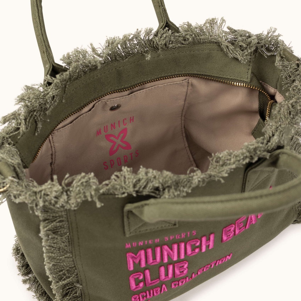 Bolso Bandolera Caqui de Algodón Reciclado con Flecos y Bordado Rosa SCUBA KHAKI CROSSBODY (5)