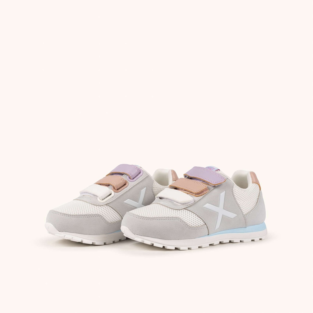 MUNICH DASH KID VCO 2.0 175 Zapatilla Retro Running Infantil Gris con Triple Velcro Pastel y Detalles Azules y Rosas (6)