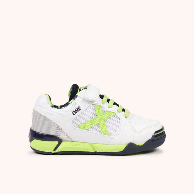 MUNICH ONE KID VCO 77 Zapatillas de fÃºtbol sala infantiles con velcro en blanco y verde flÃºor (1)