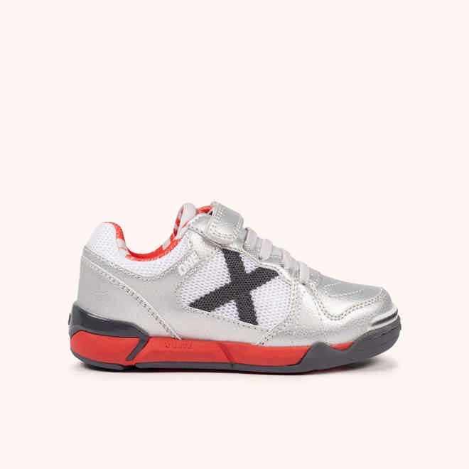 MUNICH ONE KID VCO 79 Zapatillas de fÃºtbol sala infantiles con velcro en gris metalizado y rojo (1)