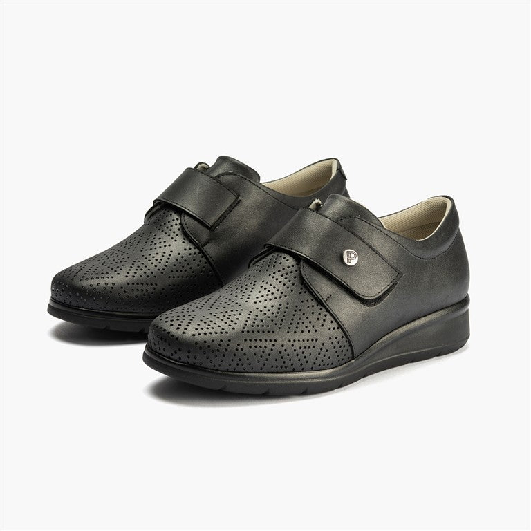 Zapato plano ancho especial con velcro en piel napa fantasía Negro (1)