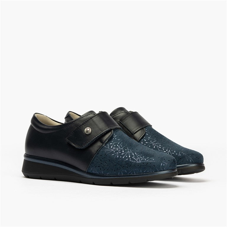 Zapato anchos especial con velcro en lycra y piel napa Marino (2)
