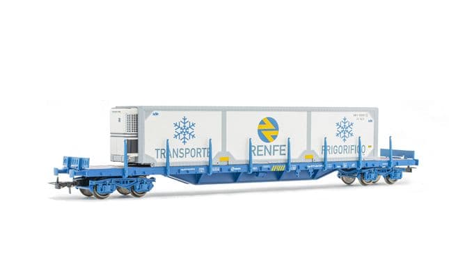 RENFE, vagón plataforma RS, decoración azul, cargada con contenedor frigorífico RENFE, ép. V (1)