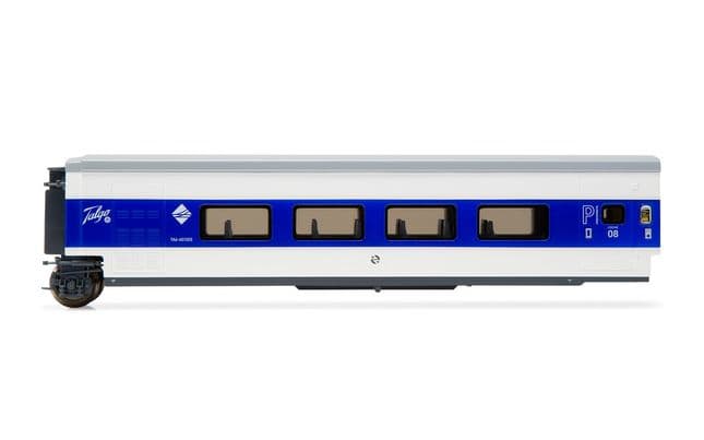 RENFE, Talgo Pendular, coche de primera clase, decoración azul/blanco 'Largo Recorrido', ép. V (1)