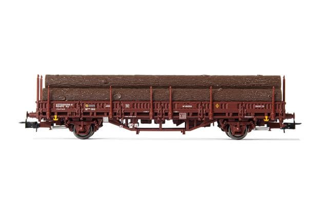 Transfesa/RENFE, vagón teleros de 2 ejes, cargado con troncos, ép. IV-V (2)