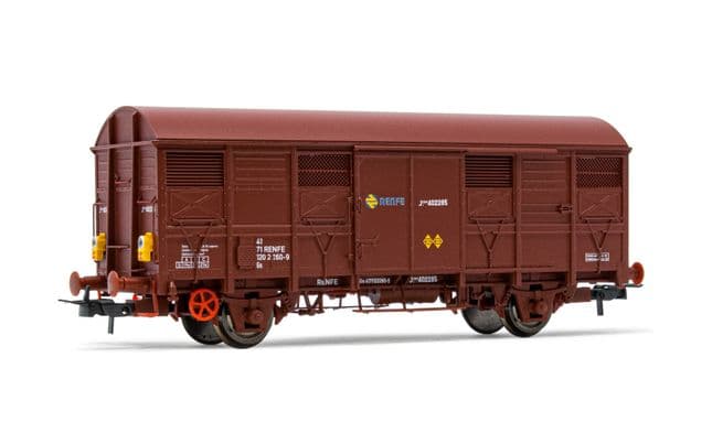 RENFE, vagón cerrado de 2 ejes J2, decoración marron, con persianas abiertas y luz roja trasera intermitente, ép. IV (1)