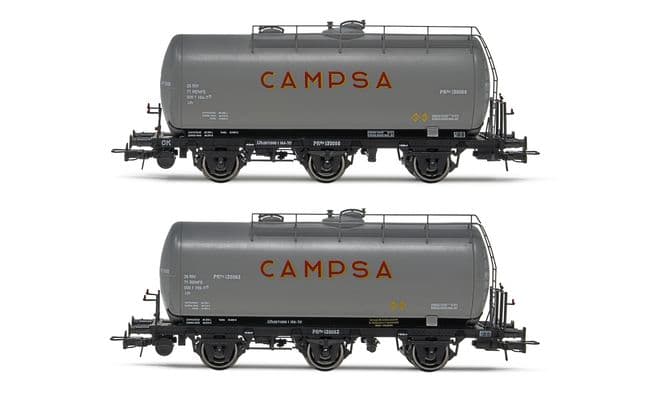 RENFE, set de 2 vagones cisternas de 3 ejes, decoración gris, "Campsa", ép. III. Ejes para sistema AC: HC6101 (11,27 x 24,25 mm) (1)