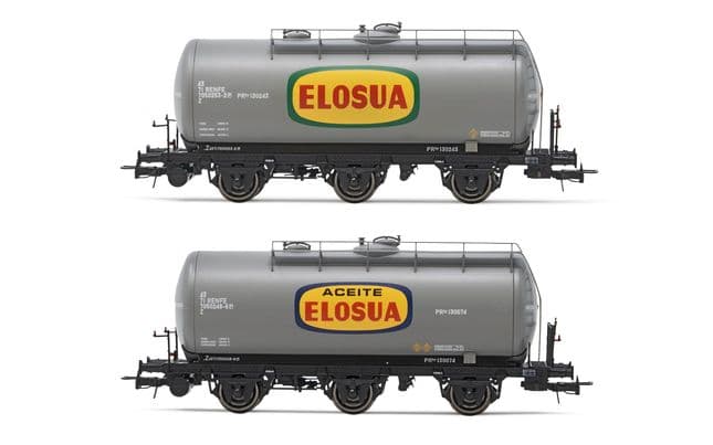 RENFE, set de 2 vagones cisternas de 3 ejes, decoración gris, "Elosua", ép. IV. Ejes para sistema AC: HC6101 (11,27 x 24,25 mm) (1)