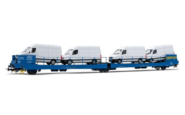 GEFCO, 3-axle flat wagon Ladks, blue livery, loaded with 4 Sprinter vans, period V-VI (1)