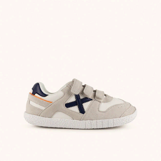MUNICH MINI GOAL W VCO 1636 Barefoot children's sneakers classic and flat Grey, White and Navy with Velcro (1)