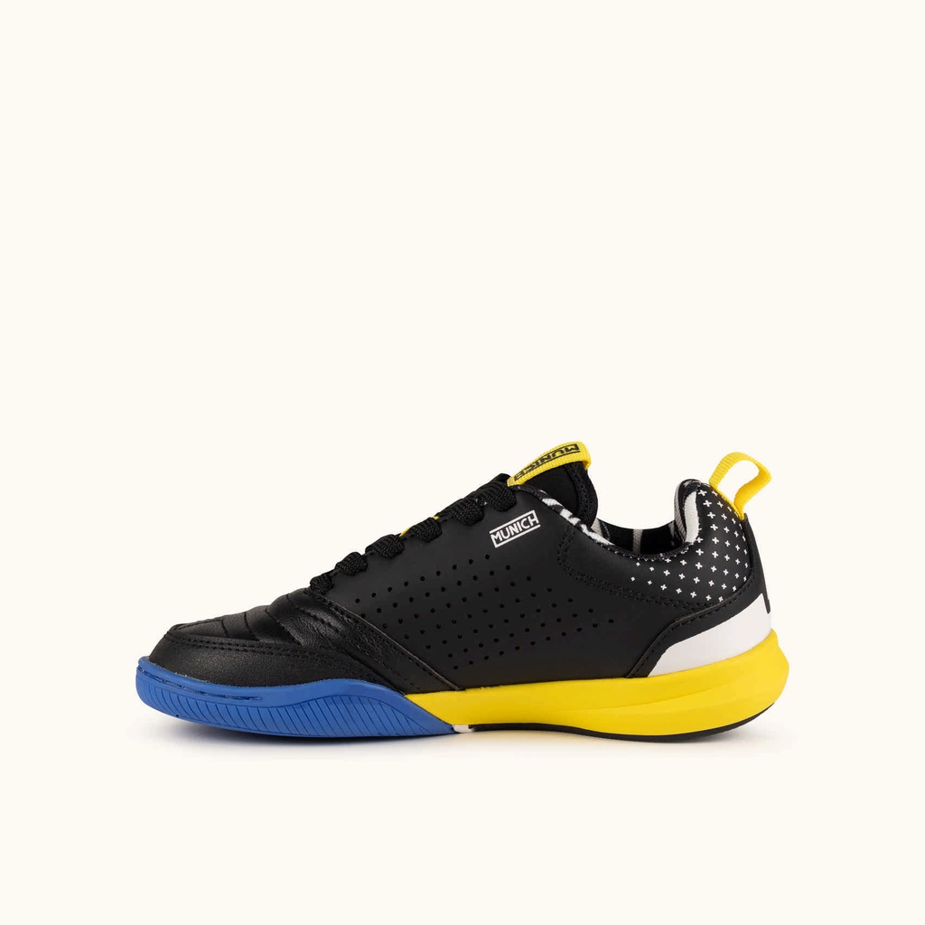 MUNICH RONDITO KID 24 Kids' Indoor Football shoes in black, yellow, and blue with Velcro fastening. (4)