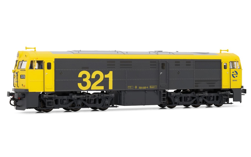 RENFE, locomotora diesel 321.025, decoración amarillo/gris, ép. V