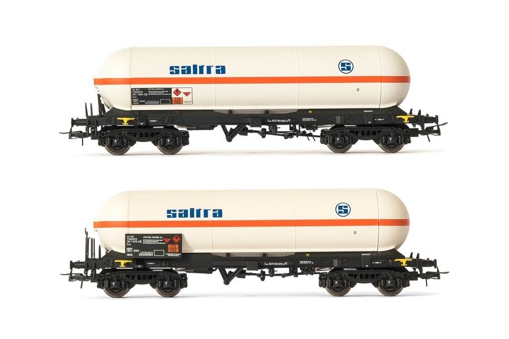 RENFE, set de 2 vagones cisterna de 4 ejes Zags, decoración "Saltra", ép. V-VI