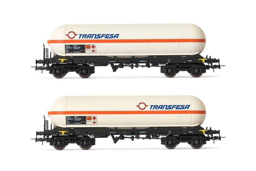 RENFE, set de 2 vagones cisterna de 4 ejes Zags, decoración "Transfesa", ép. V-VI