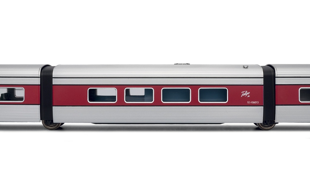 RENFE, Talgo III, coche cafetería, decoración roja/plata, ép. IV