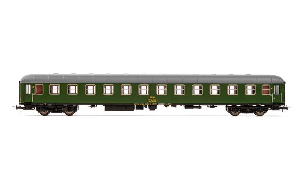 RENFE, coche BB-8500, decoración verde 2ª clase, ép. IV