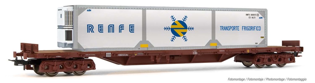 RENFE, vagón plataforma RS, decoración rojo óxido, cargada con contenedor frigorífico RENFE, ép. IV