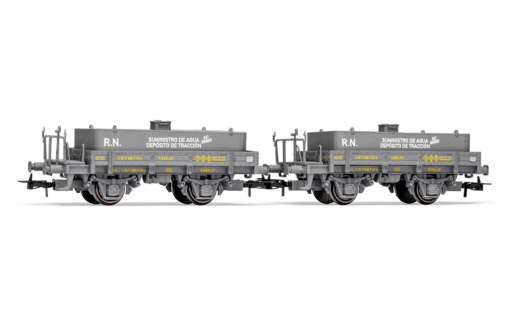 RENFE, set de 2 vagones plataforma unificados, decoración gris , con carga de aljibe, ép. III