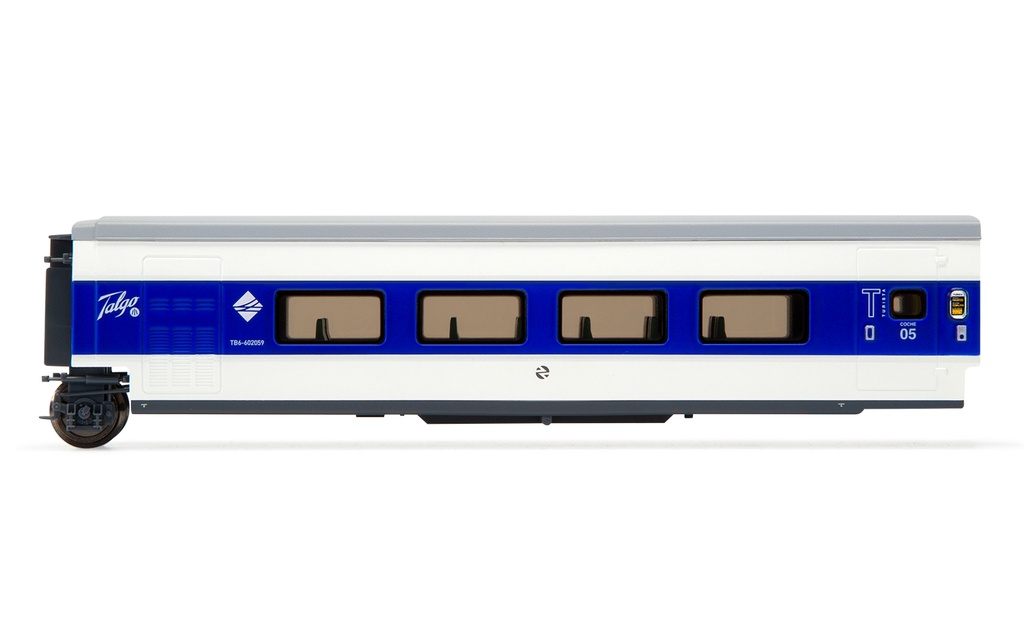 RENFE, Talgo Pendular, coche de segunda clase, decoración azul/blanco 'Largo Recorrido', ép. V