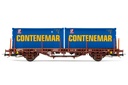 RENFE, vagón plataforma de 2 ejes MC1, decoración rojo oxido, cargado con 2 contenedores "Contenemar" de 20', ép. IV. Ejes para sistema AC: HC6101 (11,27 x 24,25 mm)
