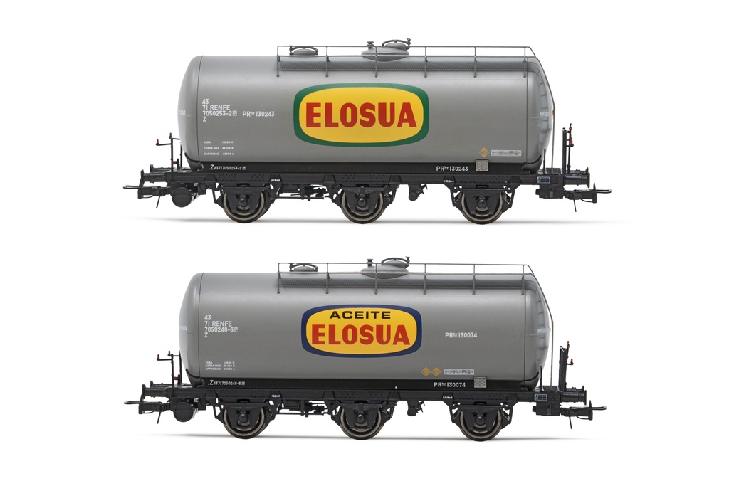 RENFE, set de 2 vagones cisternas de 3 ejes, decoración gris, "Elosua", ép. IV. Ejes para sistema AC: HC6101 (11,27 x 24,25 mm)