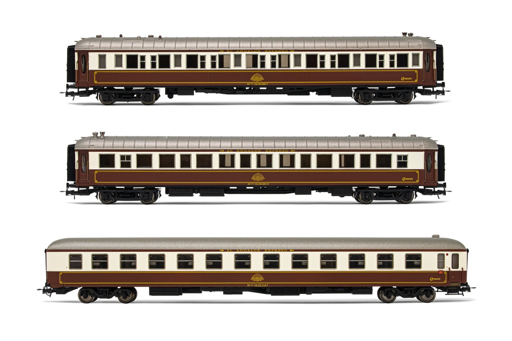 RENFE, set de 3 coches "Al-Andalus", compuesto de 2 x coches WL ex CIWL y 1 x coche 7100, ép. IV - 70° Aniversario Electrotren