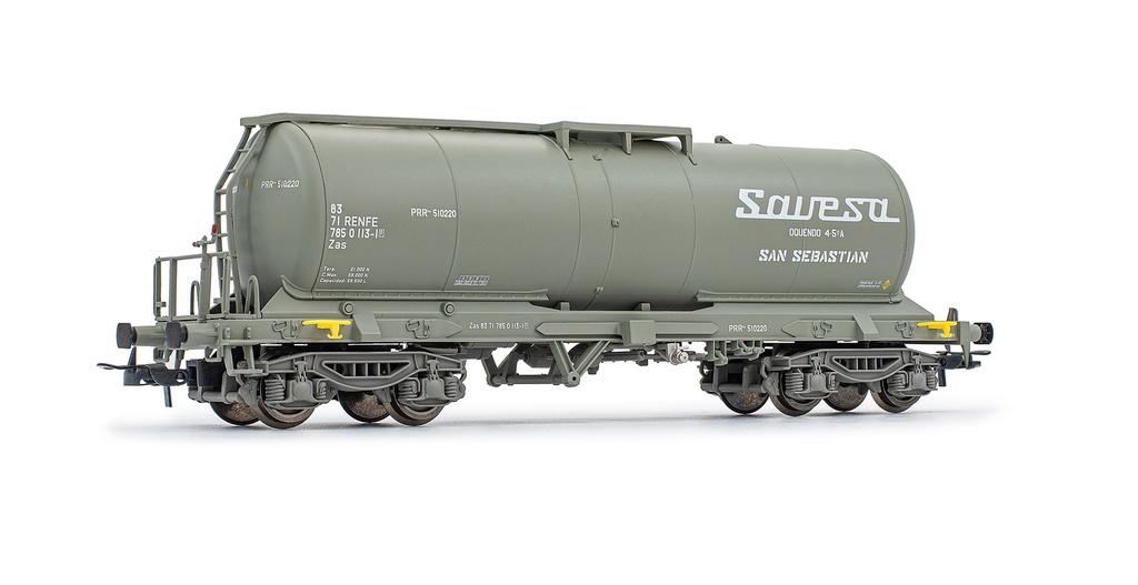 RENFE, vagón cisterna de 4 ejes para vino Zas, decoración gris "Savesa", ép. IV-V. Ejes para sistema AC: HC6102 (10,50 x 24,50 mm)
