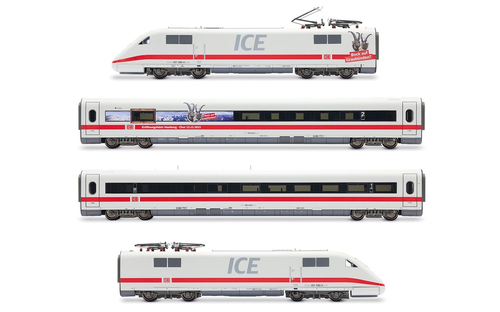 DB AG, ICE 1, Tz 186 "Chur" con pantografi svizzeri aggiuntivi, set base di 4 elementi (unità di testa motrice + folle, carrozza di servizio + 2ª classe), “Bock auf Graubünden”