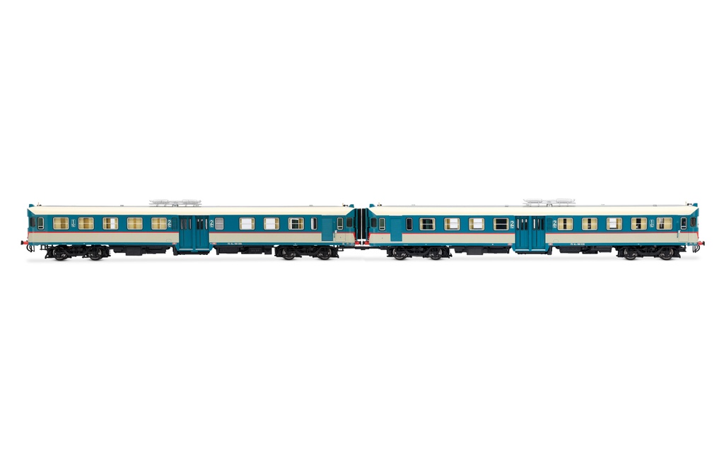 FS, set di 2 unità ALn 668 serie 1200 (doppia porta centrale, marmitte sul tetto), livrea d'origine con finestrini frontali piani