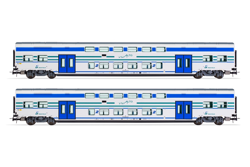 FS Trenitalia, set di 2 carrozze intermedie Vivalto, livrea "Vivalto" bianca con fasce verde/blu, ep. VI