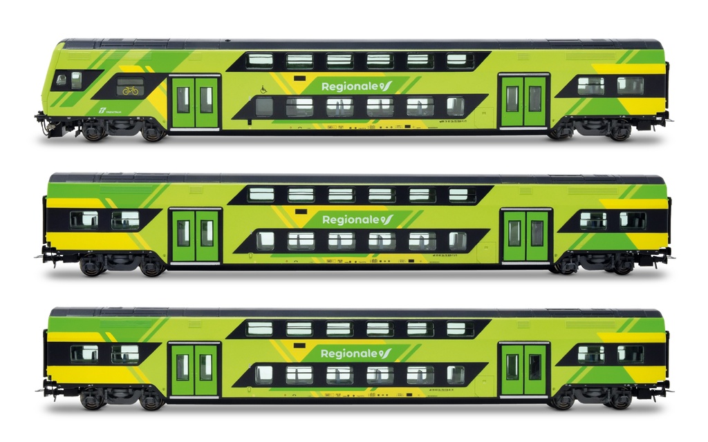 FS Trenitalia, set di 3 carrozze Vivalto a due piani (una pilota + 2 intermedie), nuova livrea “Regionale”