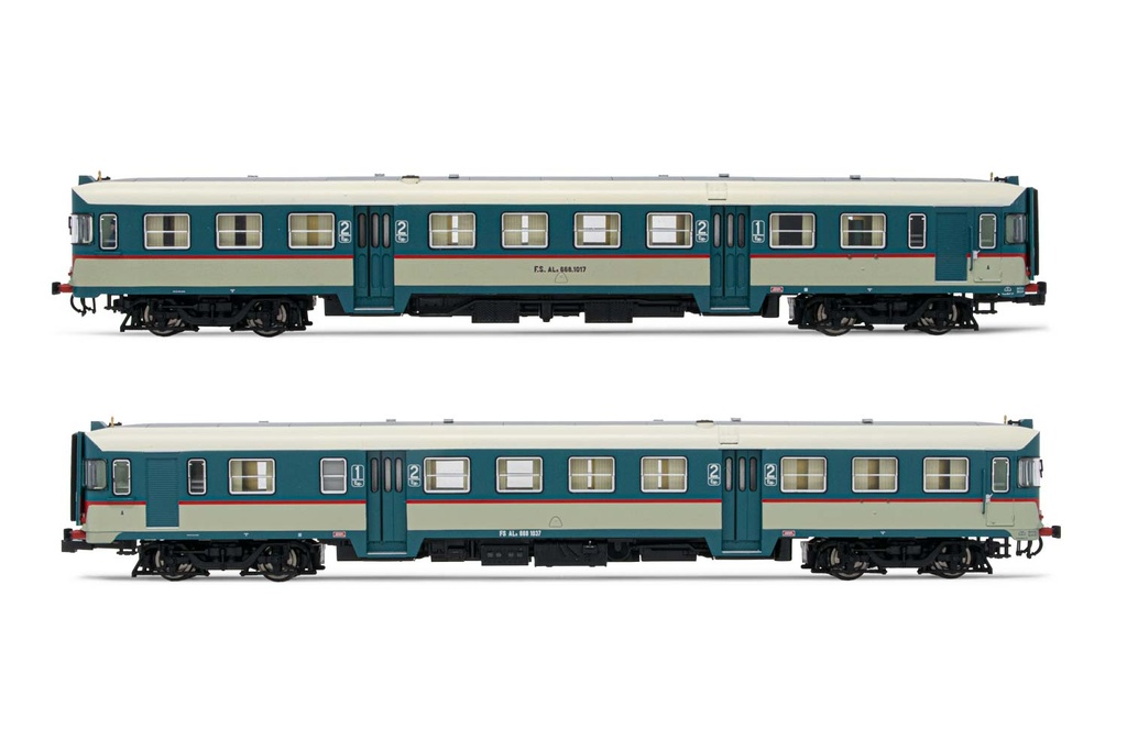 FS, set di 2 automotrici diesel ALn 668 serie 1000, livrea di origine azzurro/beige, vetri curvi, ep. V