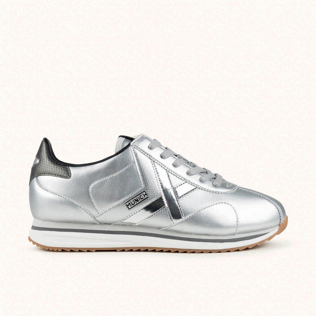 [8445648782192-36] MUNICH SAPPORO 209 Metallic Silver Retro Street Sneakers with Anthracite Grey details (36)
