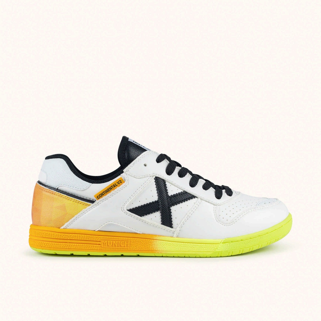 [8445648759422-39] MUNICH CONTINENTAL V2 77 Futsal shoe White with Black, Orange and Fluor Yellow Details (39)