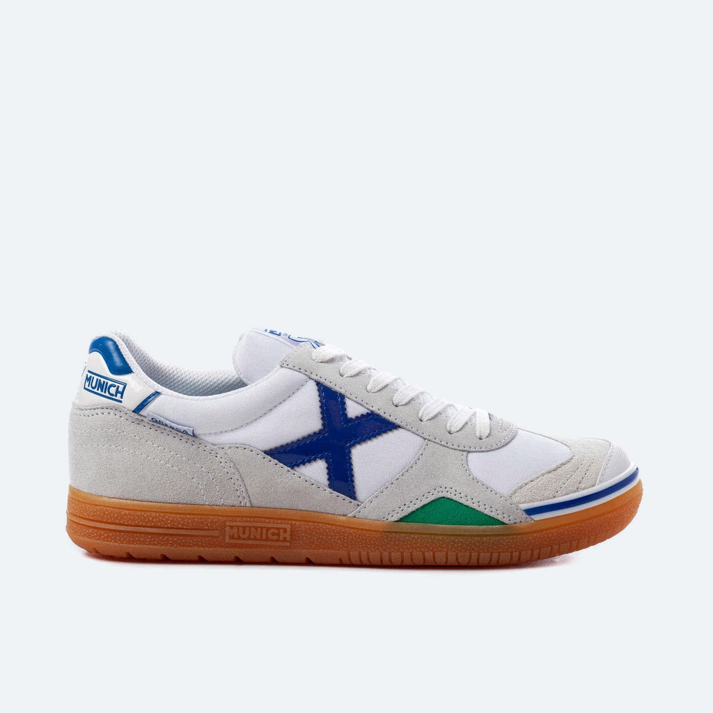 MUNICH GRESCA 04 Zapatillas fÃºtbol sala de piel y serraje en blanco y gris con azul