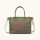 Bolso Shopper Caqui de Algodón Reciclado con Flecos y Bordado Rosa SCUBA KHAKI SHOPPER