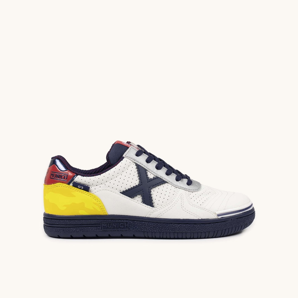 [1511451-36] MUNICH G-3 KID 451 Zapatilla de FÃºtbol Sala Infantil Blanca con Detalles Amarillo y Azul (36)