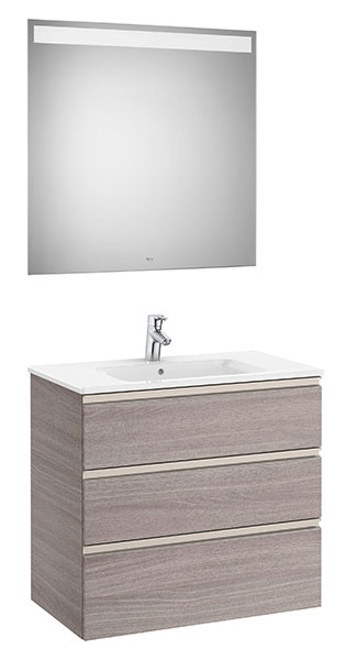 Conjunto Pack The Gap (mueble base c/3 cajones, lavabo central y espejo LED) 805x460x763 mm, roble city text., (A851519402)