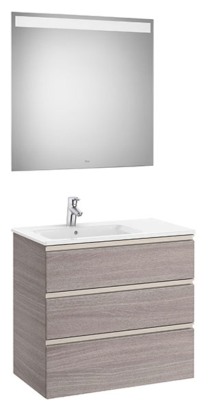 Conjunto Pack The Gap (mueble base c/3 cajones, lavabo izquierda y espejo LED) 805x460x763 mm, roble city text., (A851520402)