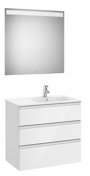 Conjunto Pack The Gap (mueble base c/3 cajones, lavabo derecha y espejo LED) 805x460x763 mm, blanco brillo, (A851521806)