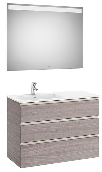 Conjunto Pack The Gap (mueble base c/3 cajones, lavabo izquierda y espejo LED) 1005x460x763 mm, roble city text., (A851522402)