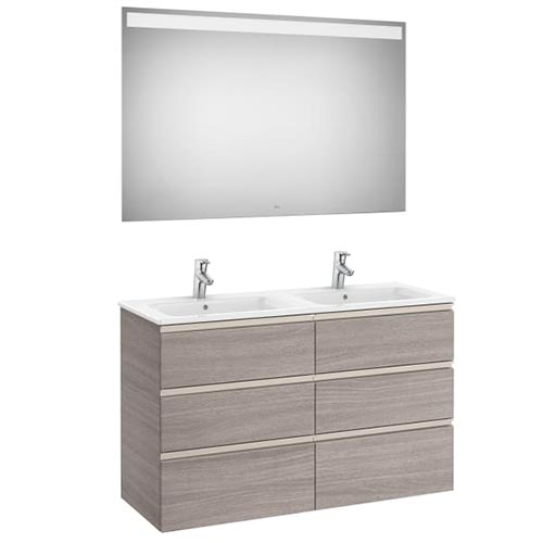 [PROCA851524517] Conjunto Pack The Gap (mueble base c/6 cajones, lavabo doble y espejo LED) 1200x460x763 mm, nogal, (A851524517)