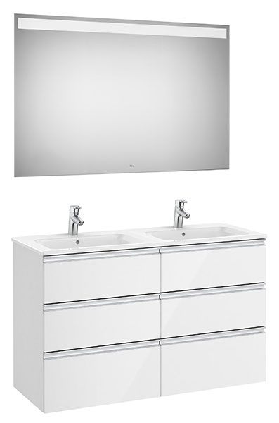 Conjunto Pack The Gap (mueble base c/6 cajones, lavabo doble y espejo LED) 1200x460x763 mm, blanco brillo, (A851524806)
