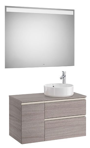 [PROCA851533402] Conjunto Pack The Gap (mueble base 2 caj., espejo LED, p/lav. sobre encim. dcha.) 900x460x537 mm, roble city text., (A851533402)