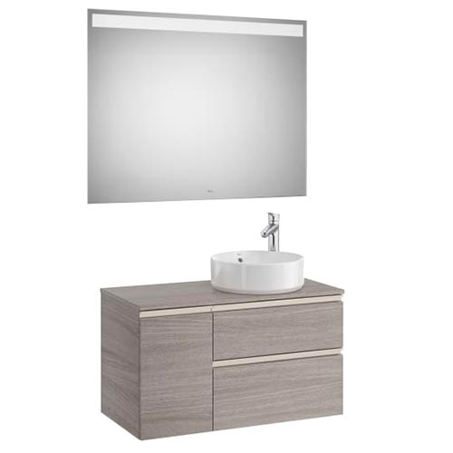 Mueble base Pack The Gap c/2 cajones, p/lavabo de sobre encimera derecha y espejo LED, 900x460x537 mm, blanco mate, (A851533509)