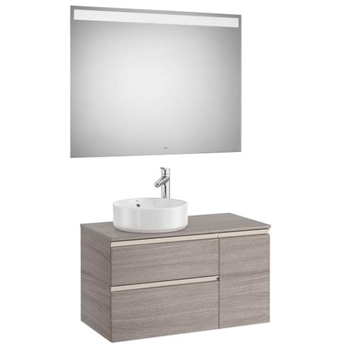 Mueble base Pack The Gap c/2 cajones, p/lavabo de sobre encimera izquierda y espejo LED, 900x460x537 mm, gris mate, (A851534547)