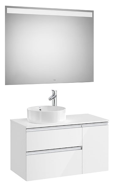 Conjunto Pack The Gap (mueble base 2 caj., espejo LED, p/lav. sobre encim. izq.) 900x460x537 mm, bl. brillo, (A851534806)