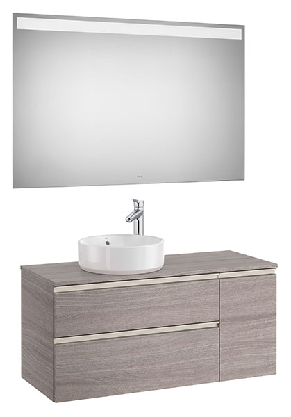 Conjunto Pack The Gap (mueble base 2 caj., espejo LED, p/lav. sobre encim. izq.) 1100x460x537 mm, roble city text., (A851536402)